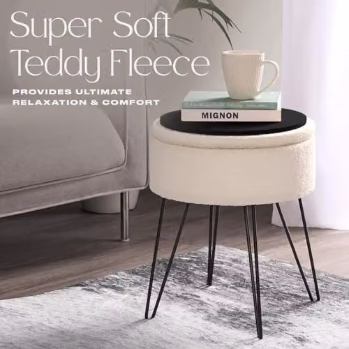 OHS Boucle Storage Footstool in Cream/Beige with Removable Cover – 3