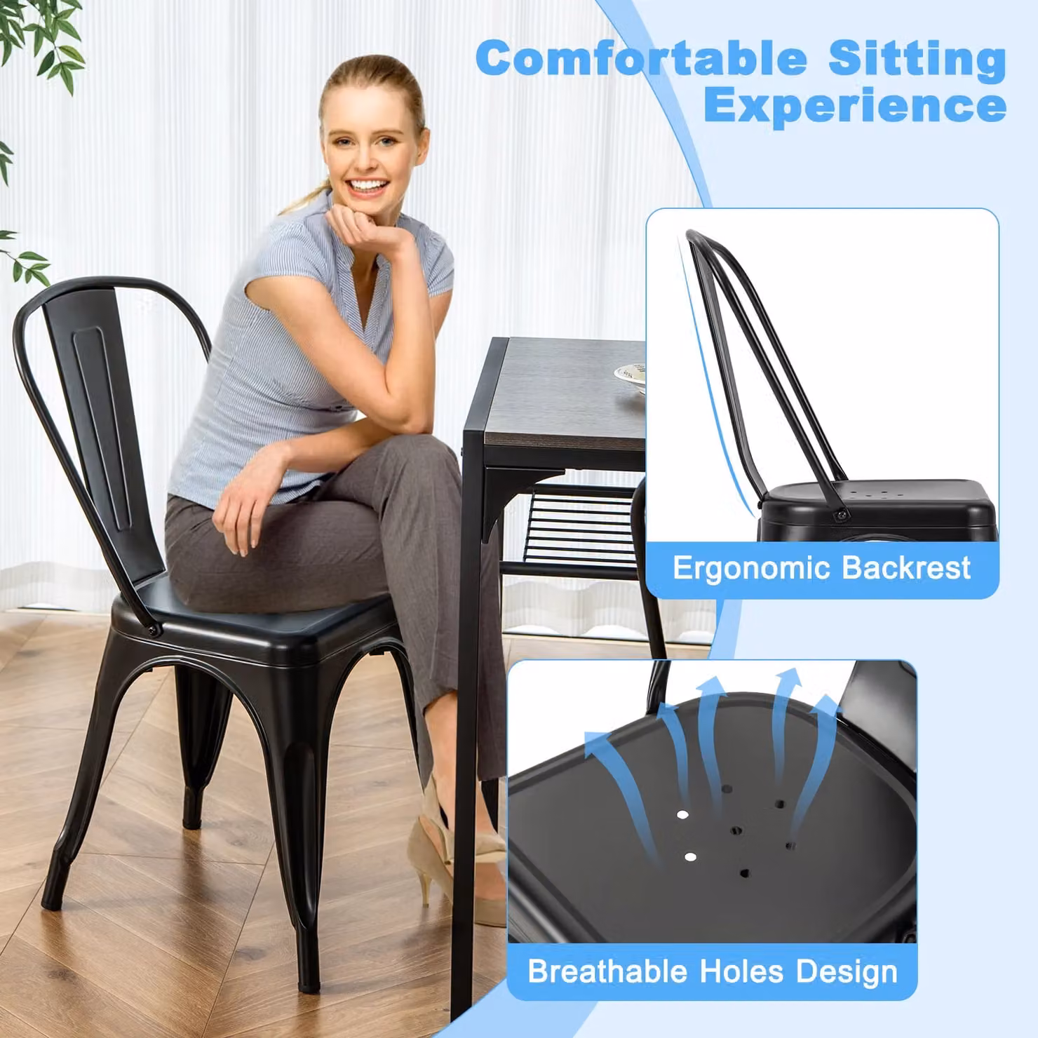 Costway Set of 4 Stackable Industrial Metal Dining Chairs and Bar Stools with Removable Backrests in Black – 4