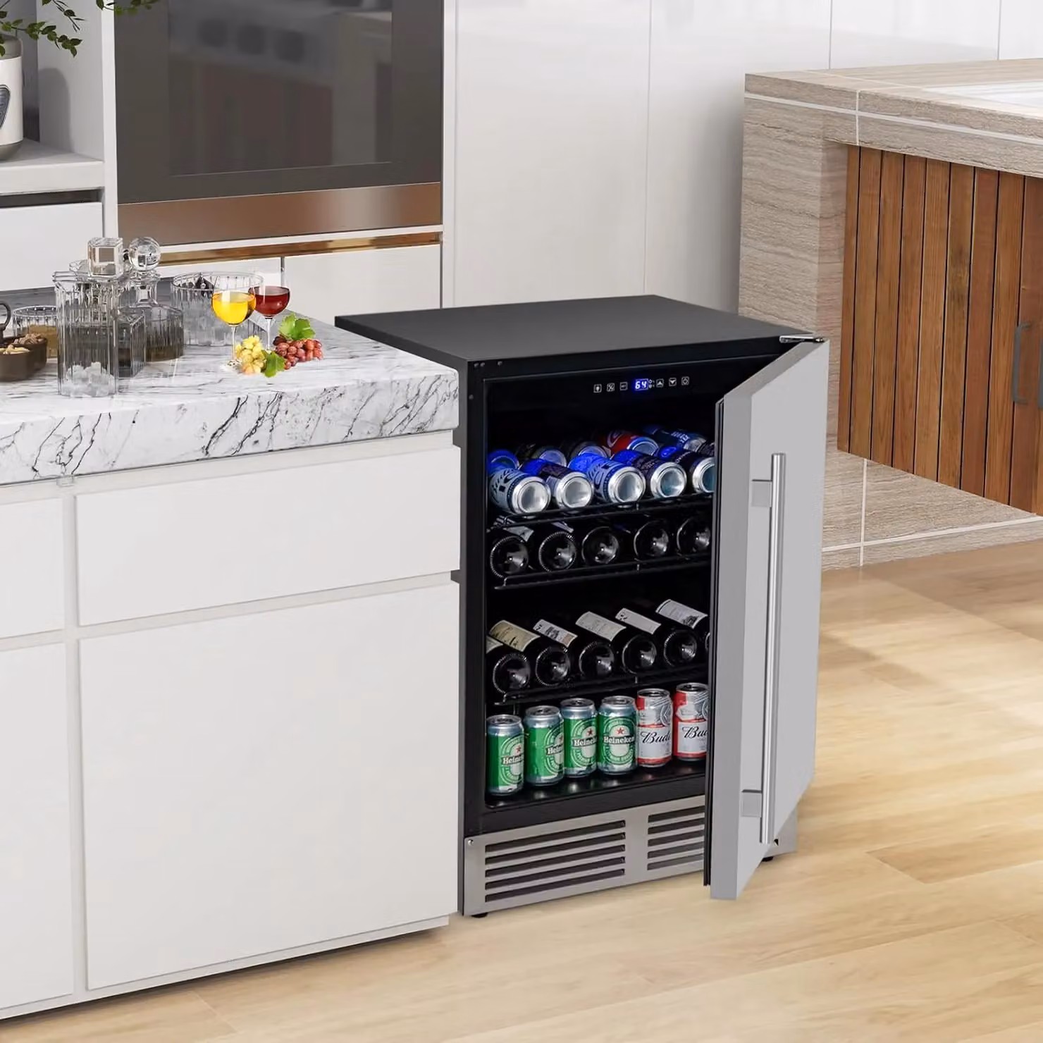 Gymax 24 Inch Under Counter Beverage Fridge Cooler in Metallic Silver with Removable Shelves and LED Interior Light – 2