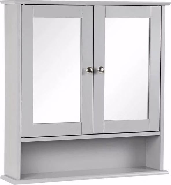 PAWNORA Grey Wooden Wall Mounted Bathroom Cabinet with Double Mirror Doors and Internal Shelves