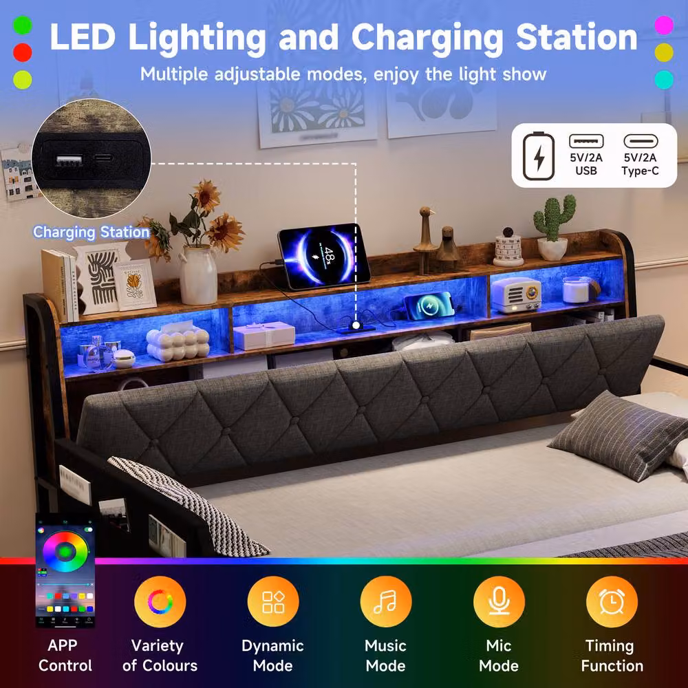 Merax Grey Fabric Single Daybed with Pull-out Trundle, LED Lighting, USB Charging Port and Bedside Shelf, W/D/H: 90 x 190 cm – 6