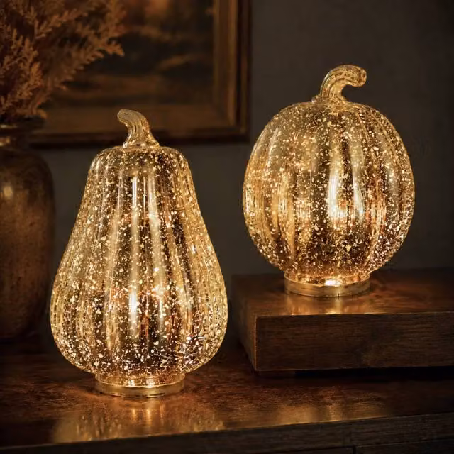 Marco Paul Set of 2 Gold Light Up Plastic Pumpkin and Squash Tabletop Decorations for Halloween