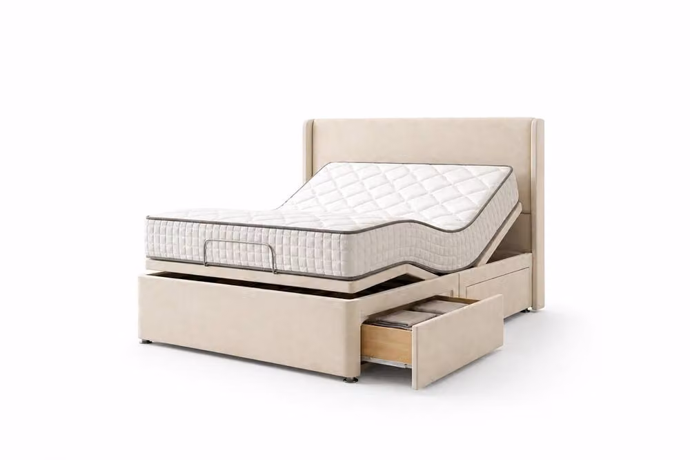 Paradise Beds Ltd Luxury Upholstered Electric Mobility Bed with Headboard and Foam Mattress in Beige and Silver, W/D/H: 180 x 200 cm – 2