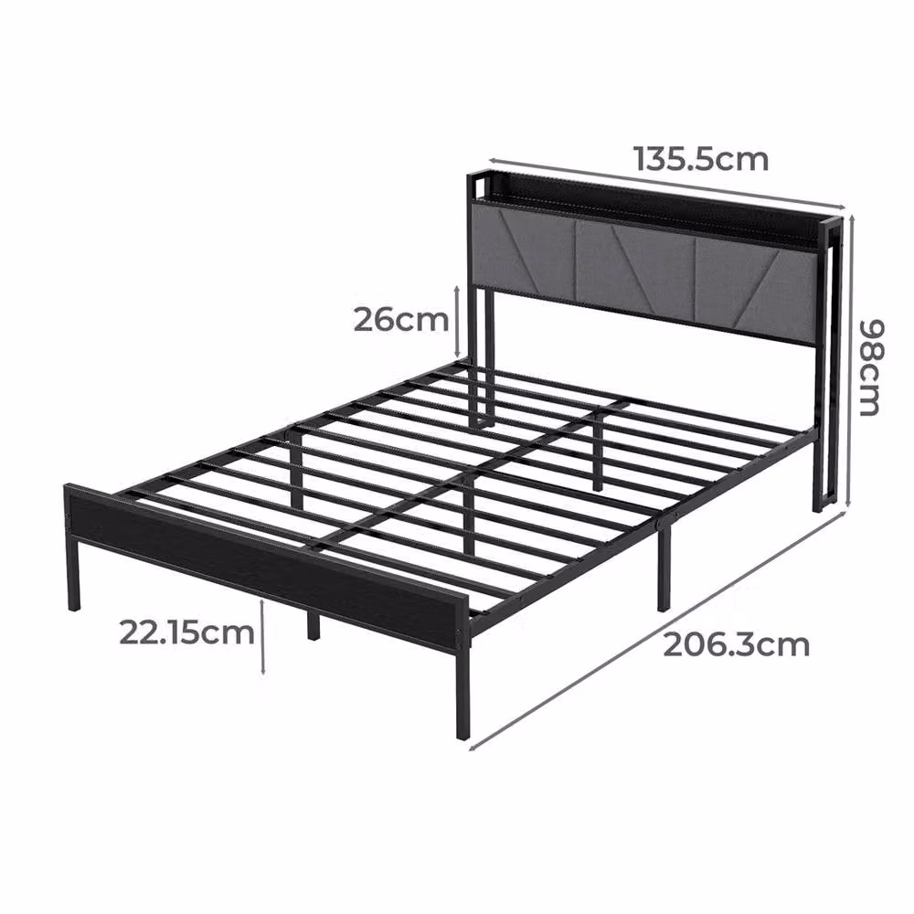 Nordara Small Double Metal Platform Bed Frame with Black Upholstered Headboard, W/D/H: 120 x 200 cm – 2
