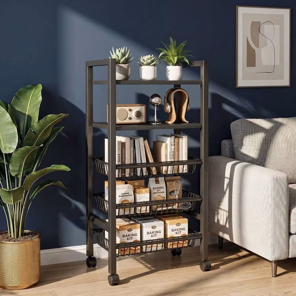 KORVIXA 5 Tier Kitchen Trolley Storage Rack in Black, W/D/H: 100 x 100 x 115 cm – 5