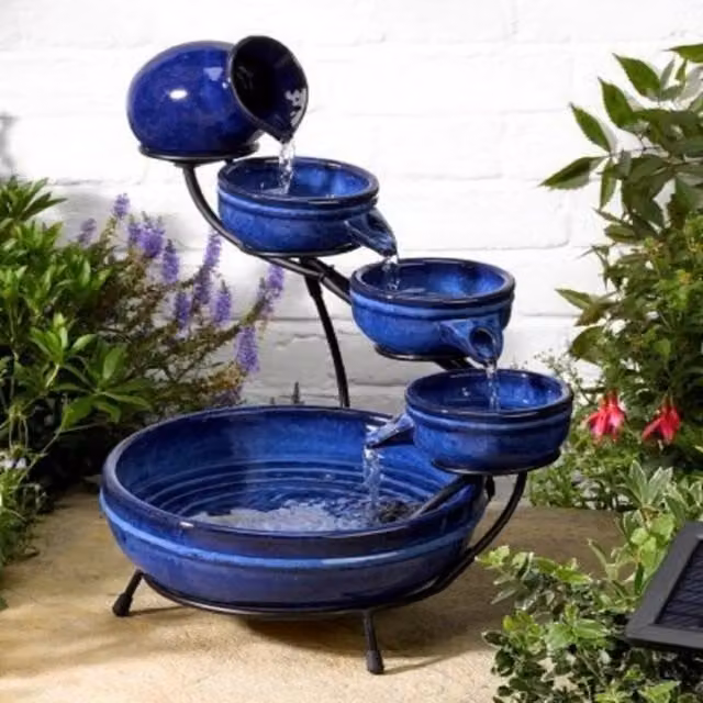 Garden Mile Solar Blue Ceramic Cascade Tabletop Water Fountain