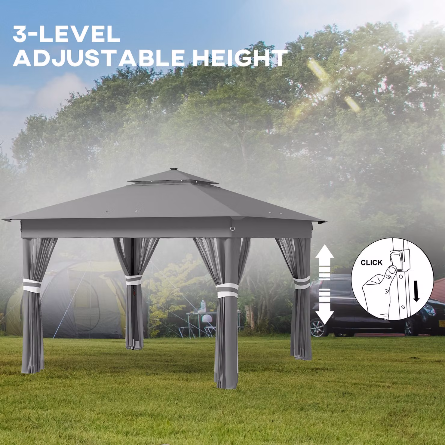 Outsunny Grey Pop-Up Garden Gazebo with Solar LED Lights, Instant Event Party Tent with Curtains and Netting, W: 300 cm x D: 300 cm – 6