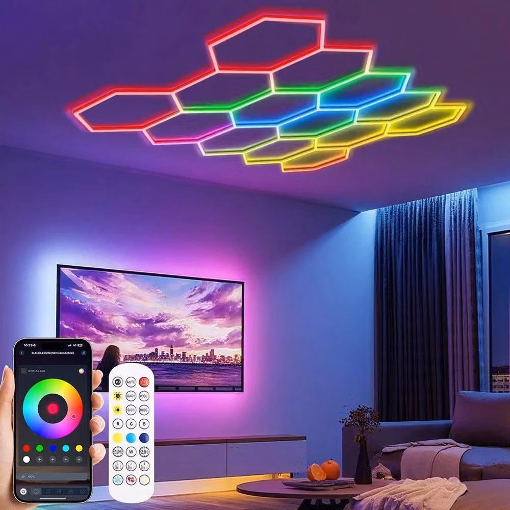Kelvenix RGB 14-Piece Hexagon LED Ceiling Lighting Set in White with Remote Control for Garage and Car Detailing – 3