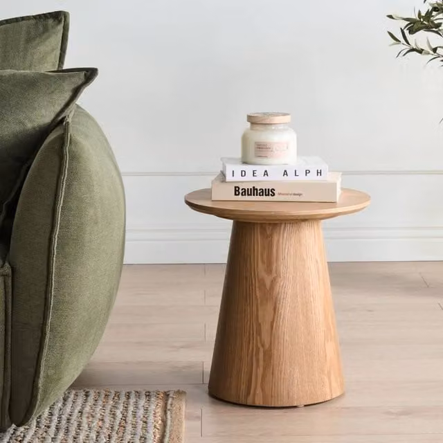 Wyld and Coco Round Ash Veneer Side Table, Brown, W/D/H: 41 x 41 x 43 cm