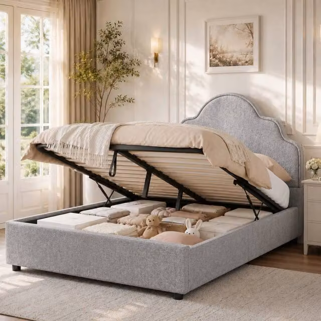 ModernLuxe Kids Single Upholstered Ottoman Bed with Curved Headboard in Grey, W/D/H: 90 x 190 cm
