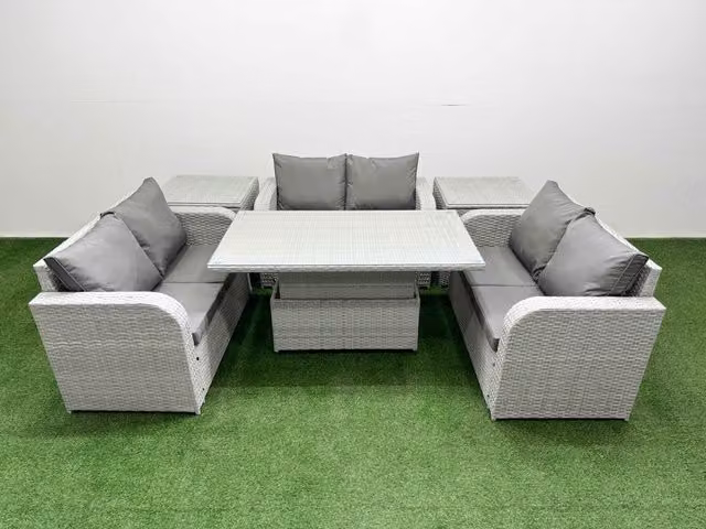 Fimous 6 Seater PE Wicker Rattan Garden Furniture Set in Light Grey with Upholstered Cushions and Adjustable Lifting Dining or Coffee Table