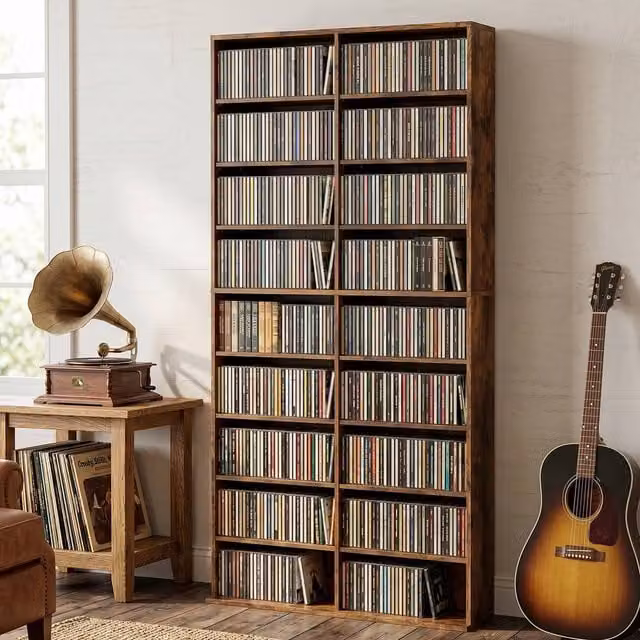 HOMCOM Rustic Brown CD and DVD Storage Unit with 18 Media Compartments and Adjustable Shelves