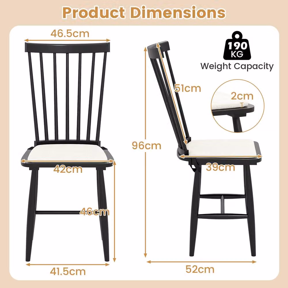 Costway Set of 2 Windsor Wooden Dining Chairs with Removable Fabric Seat Cushions in Black – 2