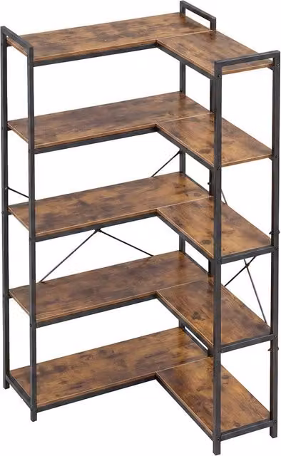 Levede 5-Tier L-Shaped Corner Bookcase in Brown and Black – 6