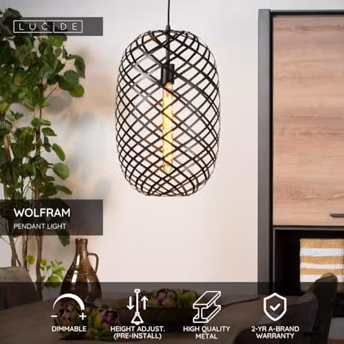Lucide Wolfram Black Metal Pendant Light, Diameter: 32 cm, Height: 180 cm, E27, Dimmable and Height Adjustable – 2