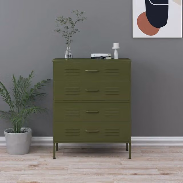 Berkfield Home Industrial Metal Chest of Drawers in Olive Green, W: 80 cm, D: 35 cm, H: 101.5 cm