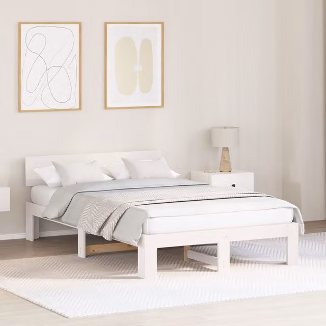 Berkfield Home Solid Pine Wood Bed Frame with Headboard in White, W/D/H: 135 x 190 cm
