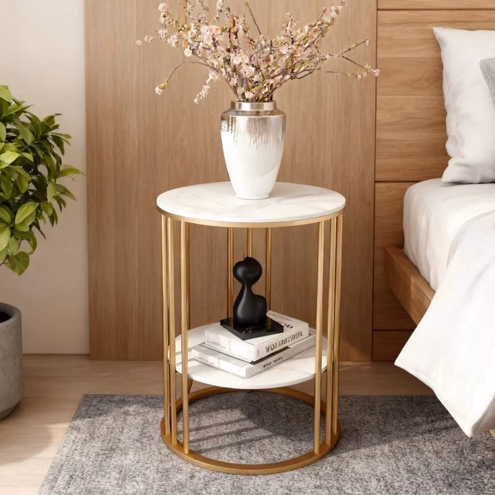 KORVIXA Round White and Gold Metal Accent Side Table – 3