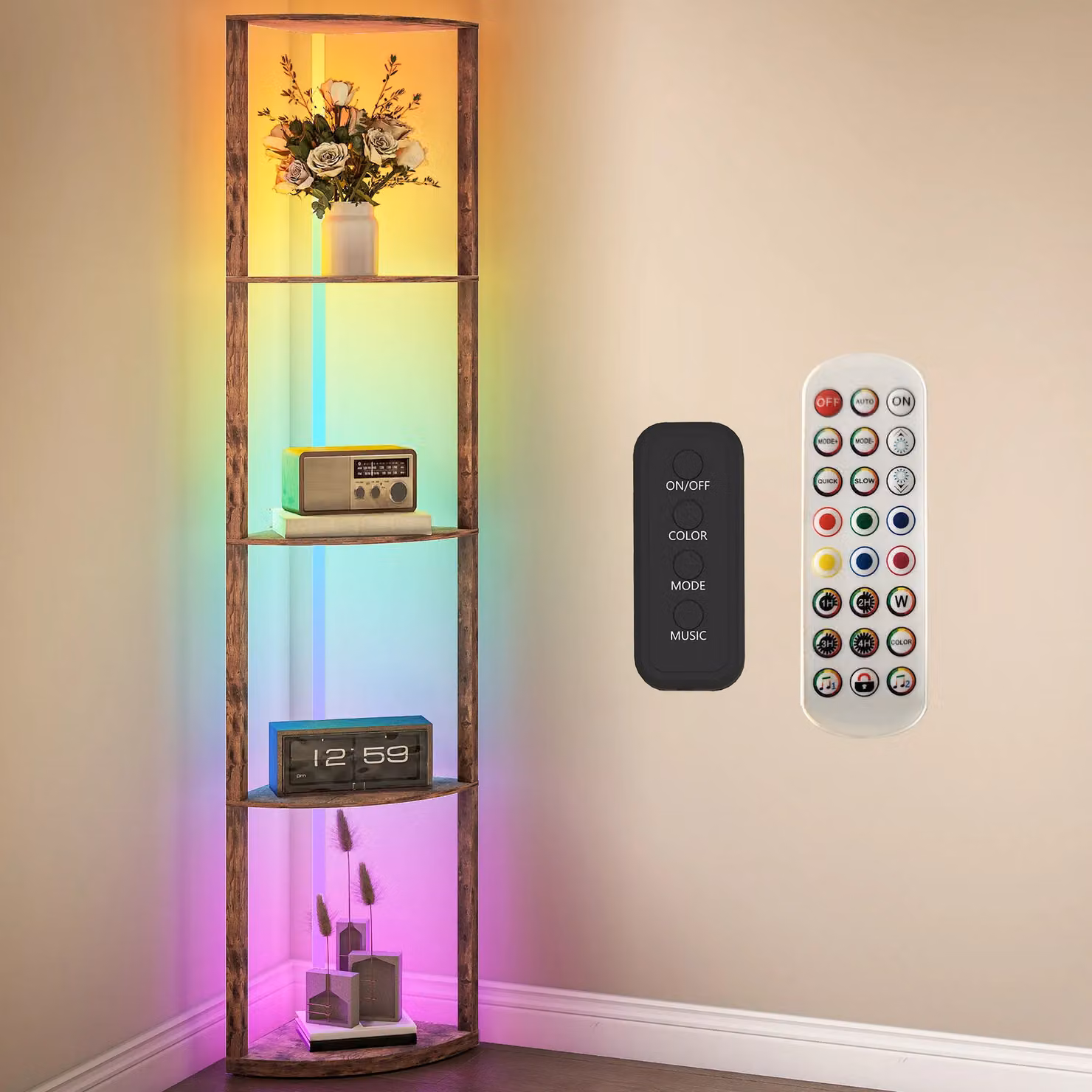 HOMCOM RGB LED Floor Lamp with Shelves and Remote Control in Dark Brown – 2