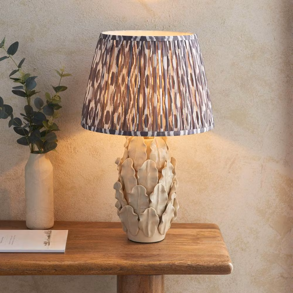 Netlighting Layered Leaf Ivory Table Lamp with Grey Fabric Ikat Shade and Gold/Brass Base, Diameter: 35 cm – 2