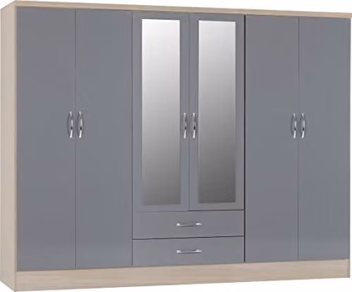Seconique Nevada 6 Door 2 Drawer Mirrored Wardrobe in Grey Gloss and Oak, W/D/H: 182.5 x 52 x 230 cm