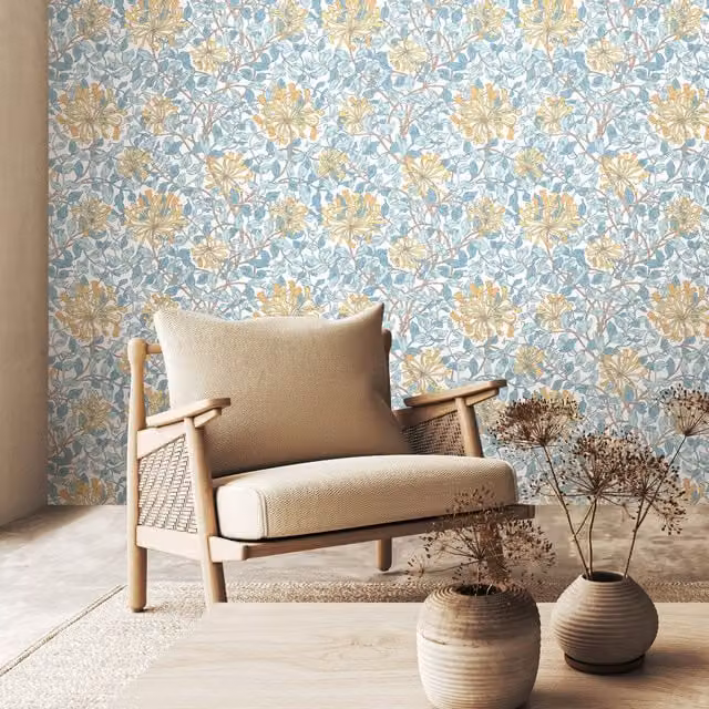 Hoopla Walls Honeysuckle Leaf Trail in Soft Blue