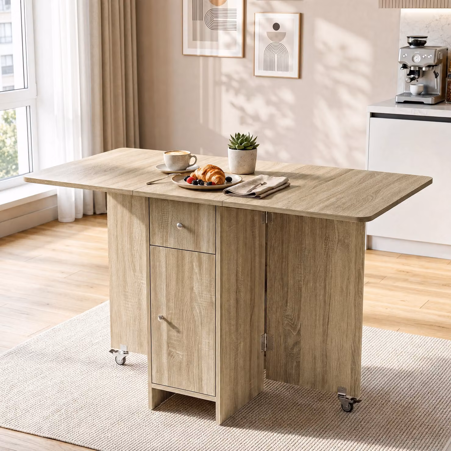 DHS Modern Space Saving Drop Leaf Dining Table with Storage in Sonoma Oak and White, W/D/H: 120 x 65 x 75 cm