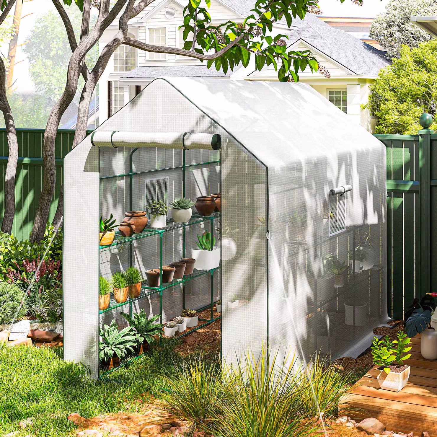 Outsunny Walking Greenhouse with PE Cover, 3 Tier Shelves, Roll-up Door and Mesh Windows, White, W/D/H: 2.0 x 1.4 x 1.9 m – 2