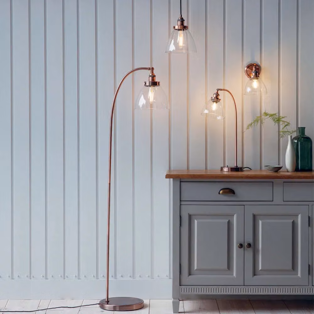 Loops Curved Arm Floor Lamp in Aged Copper with Transparent Glass Shade, H 152 cm, W 46 cm, D 46 cm – 2