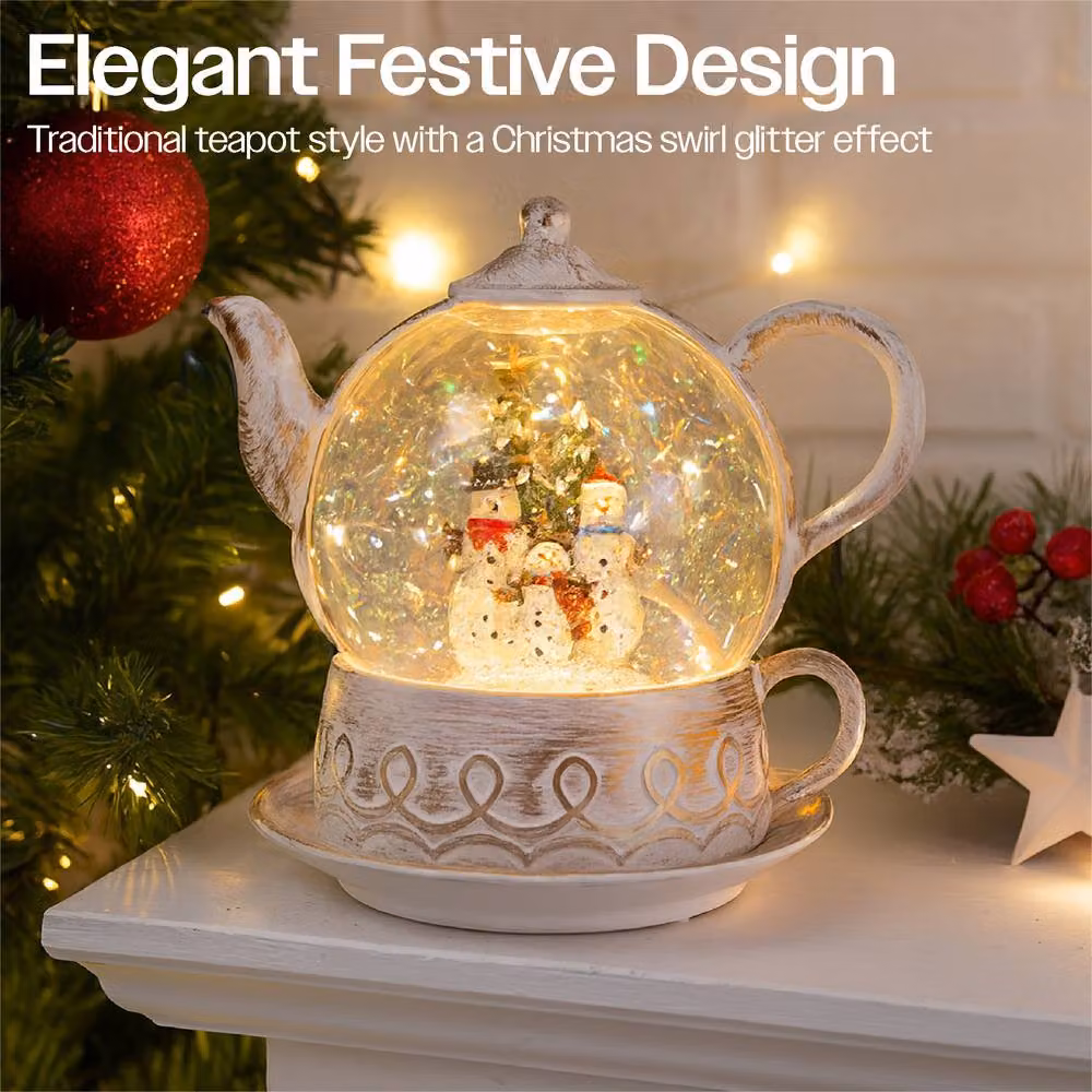 Xmas Haus Snow Swirl Festive Christmas Glitter LED Teapot in Cream and White – 2