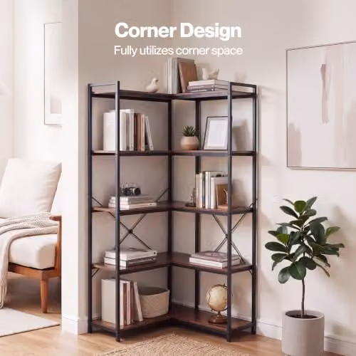 Levede 5-Tier L-Shaped Corner Bookcase in Brown and Black – 2
