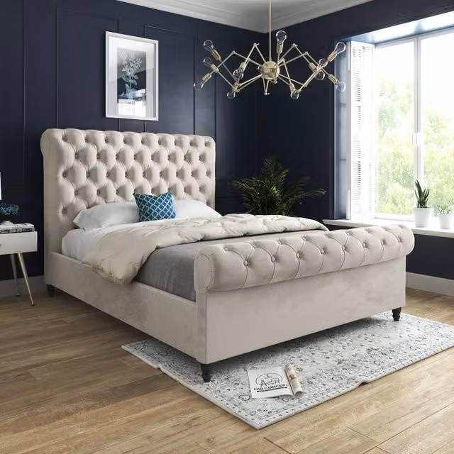 Venezia Sleigh Velvet Upholstered Bed Frame in Cream/Beige, Superking, 200 x 200 cm