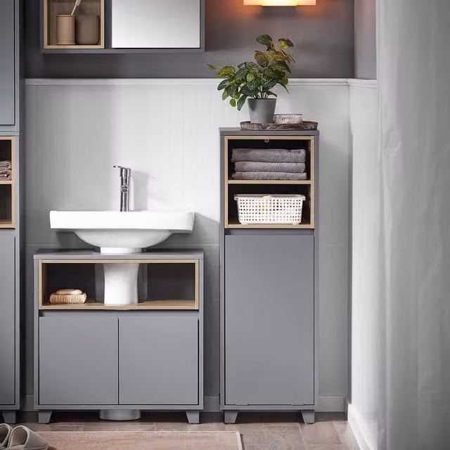 SoBuy Modern Laundry Storage Cabinet with Basket and Open Shelf in Dark Grey, Height: 105 cm – 1