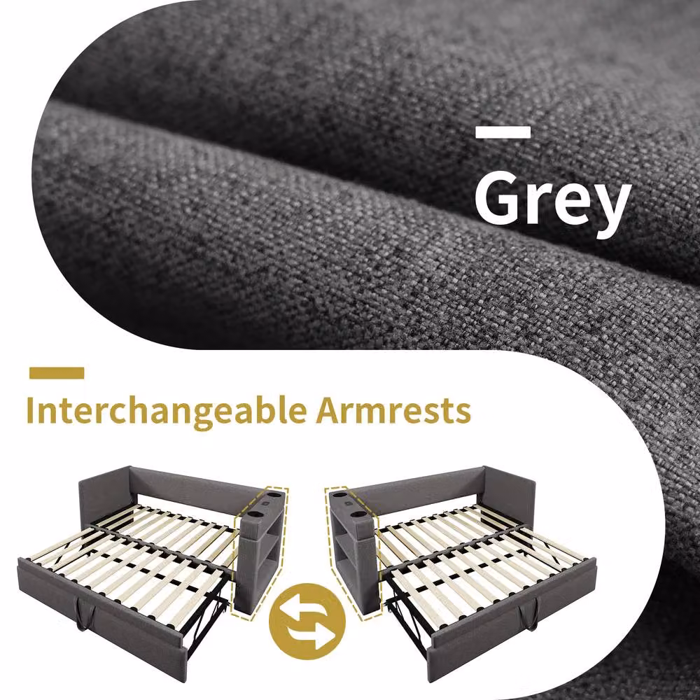 STILVORA Single Bed Frame with USB Charging Port and Side Compartments in Grey Fabric, W/D/H: 90 x 190 x 74 cm – 4