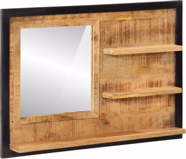 Berkfield Home Wall Mounted Mirror with Shelves in Brown Mango Wood and Glass, W: 80 cm, D: 8 cm, H: 55 cm