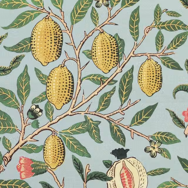 William Morris Fruit Orange Printed Cotton Fabric in Cornflower Blue and Multicolour