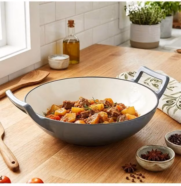 Living and Home Enamelled Cast Iron Stir-Fry Pan Wok, Grey, Depth: 30 cm