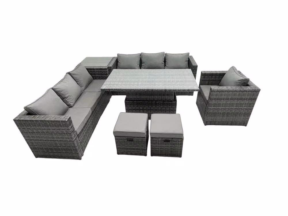 Fimous 9 Seater Dark Grey Rattan Outdoor Sofa Set with Adjustable Side Tables, Chairs, and Ottomans – 2
