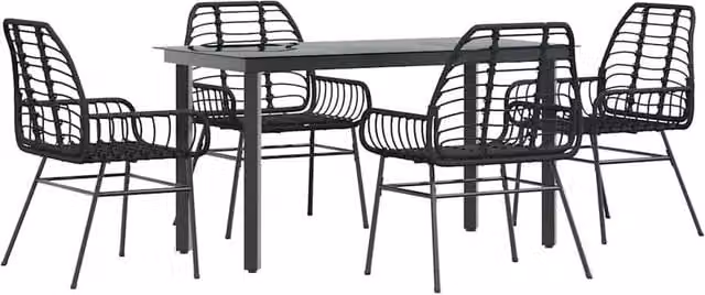 Berkfield Home 5 Piece Black Poly Rattan Garden Dining Set with Glass Top Table