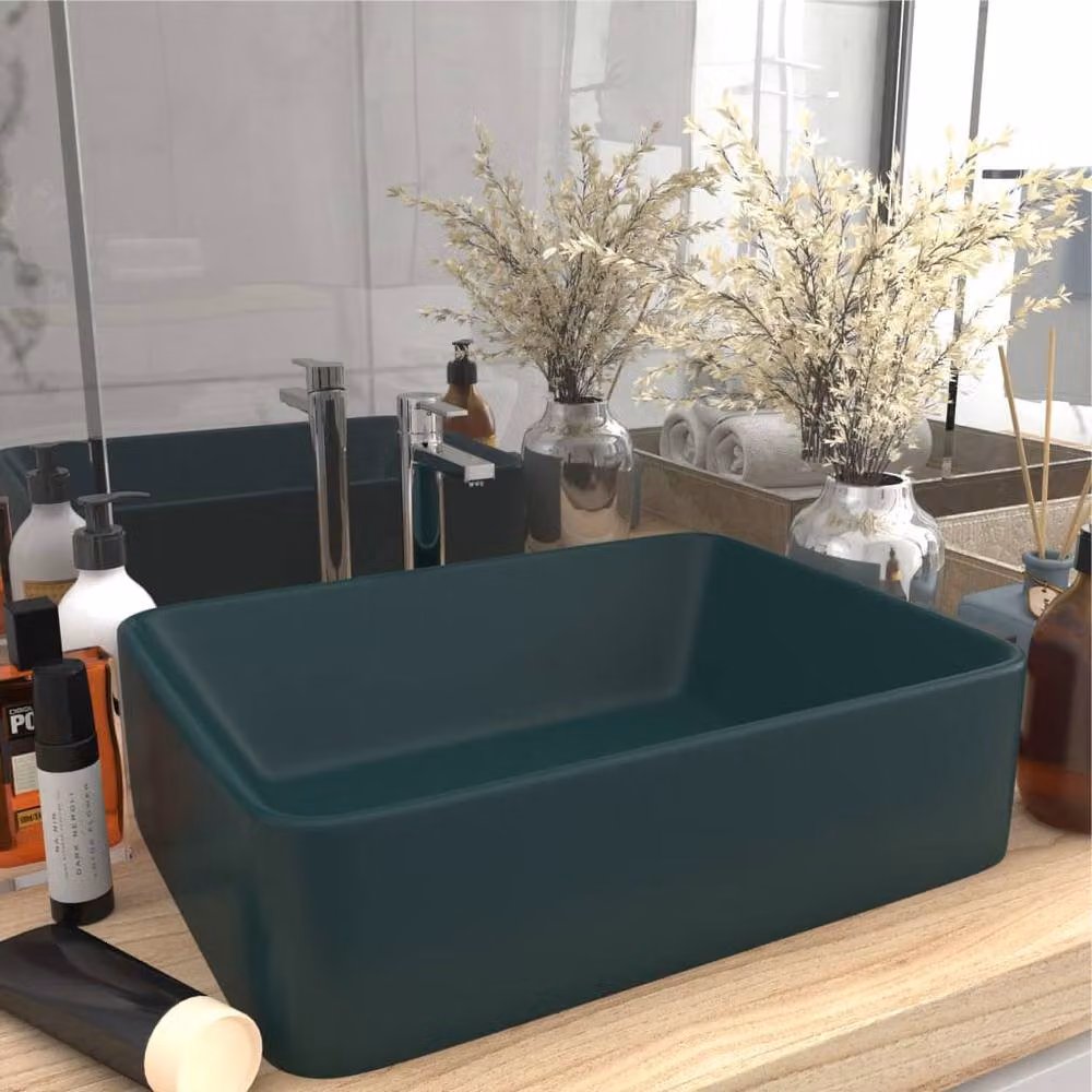 Berkfield Home Luxury Ceramic Rectangular Countertop Wash Basin in Matt Dark Green, W/D/H: 41 x 30 x 12 cm – 2