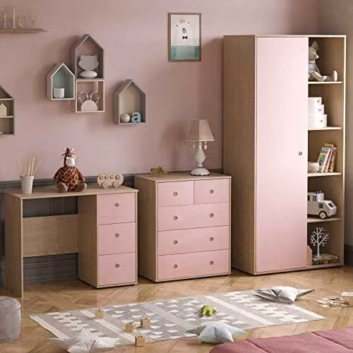 Junior Vida 3 Piece Childrens Bedroom Furniture Set in Pink and Oak