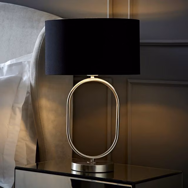 Antonia Brushed Chrome Oval Table Lamp with Black Fabric and Metallic Shade