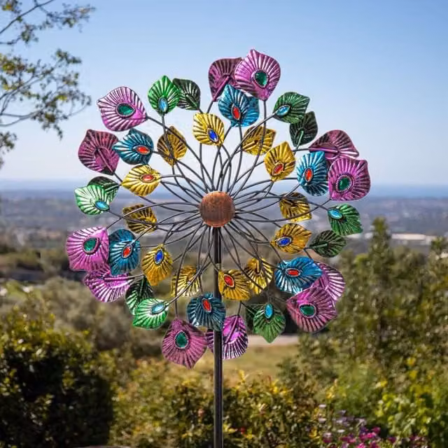 Primrose Peacock Feather Wind Spinner with Multicoloured Gemstones in Silver Metal
