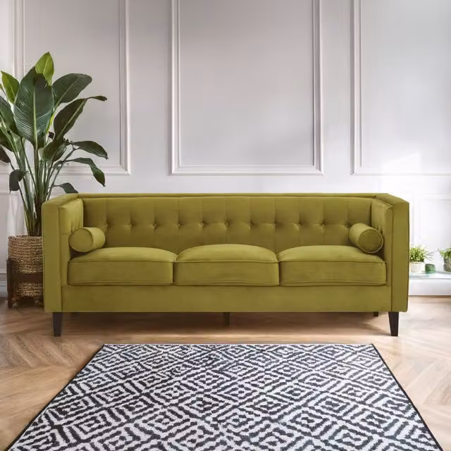 Orsina Mid Century 3 Seat Velvet Upholstered Sofa in Grey and Green, W: 211 cm, H: 84 cm, D: 80 cm – 1