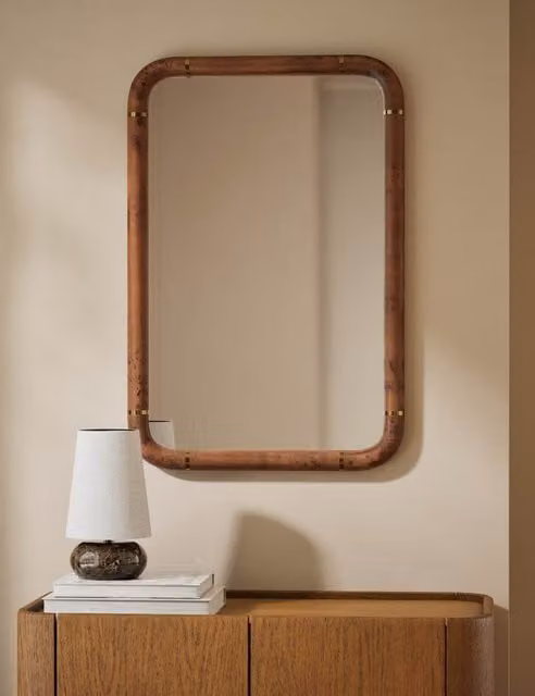 M&S Modern Rectangular Wood Wall Mirror in Brown and Gold