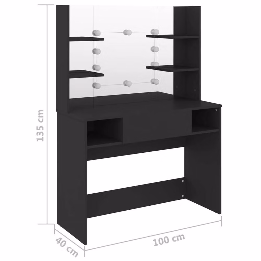 Berkfield Home Modern Makeup Table with Hollywood LED Lights in Matt Black, W/D/H: 100 x 40 x 135 cm – 4