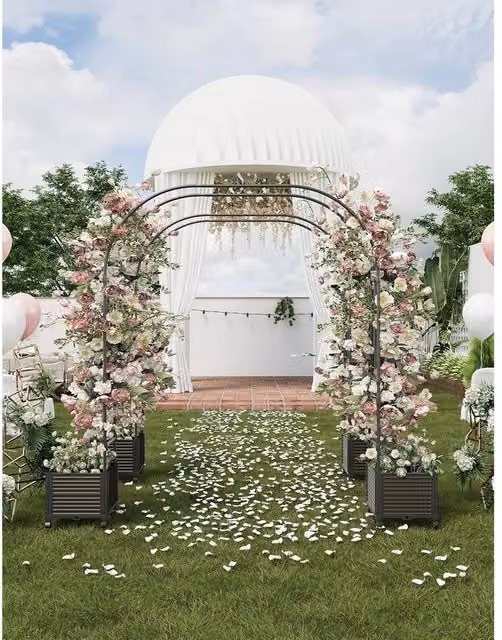 VOGREX Black Metal Garden Arch with Trellis Planter Box and Wheels, Height: 100 cm