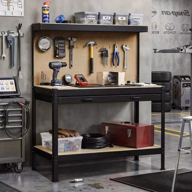 Hinsinc Black and Blue Steel Workbench with Pegboard, W: 1000 cm, D: 52 cm, H: 150 cm – 1