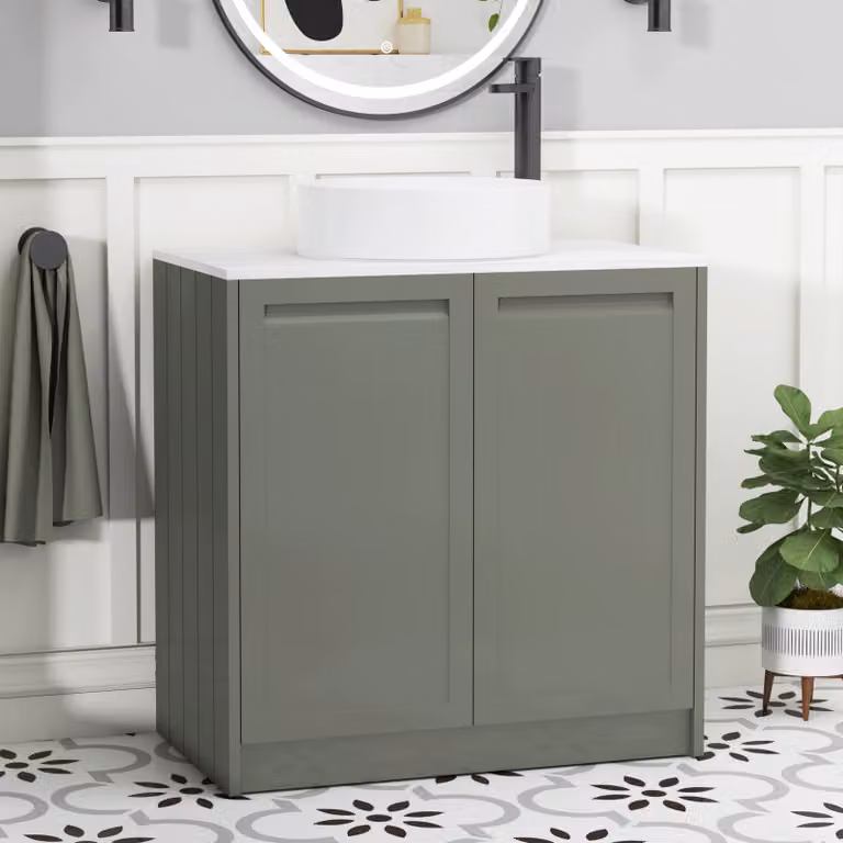 Royal Bathrooms Elmore Matt Green Floor Standing Countertop Vanity Unit with Art Basin and 2 Soft Close Doors, Width: 80 cm