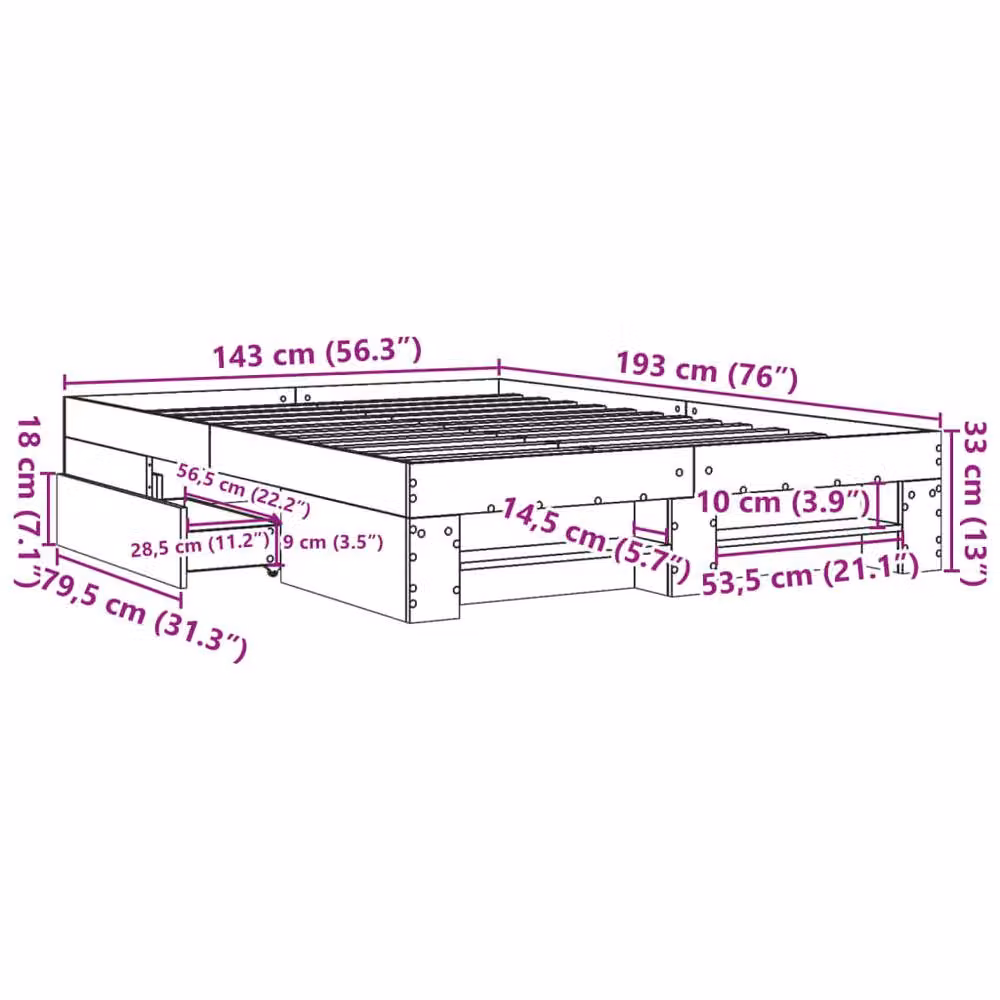Berkfield Home Sonoma Oak Bed Frame with Drawers, W/D/H: 140 x 190 x 143 cm – 2